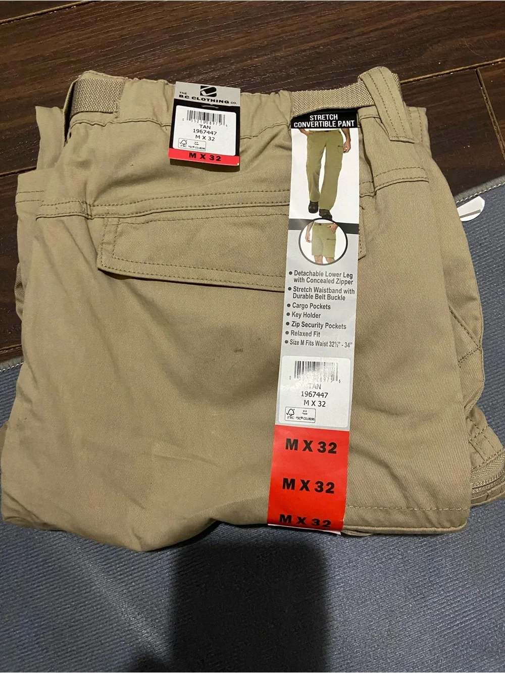 BC Clothing Men's Convertible Pants Hiking Cargo Belted, Tan, Size: M x 32